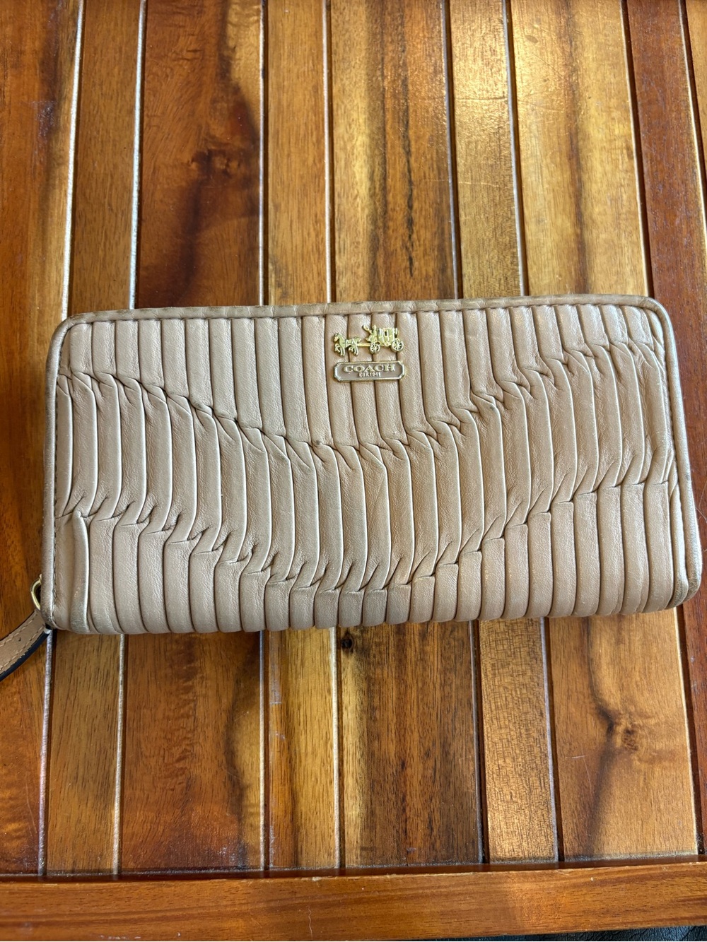 Coach Taupe Pleated Leather Zip Wallet with Gold Logo